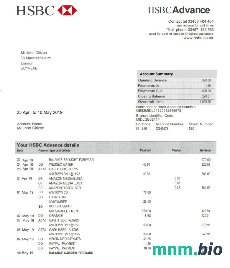 United Kingdom Hsbc bank business konto statement szablon Worda i PDF, 3 stronas